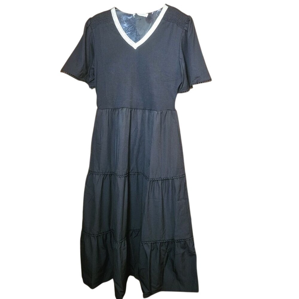 New Kate Kasin Black Tiered Babydoll Midi Dress L Metallic VNeck Smocked Flutter